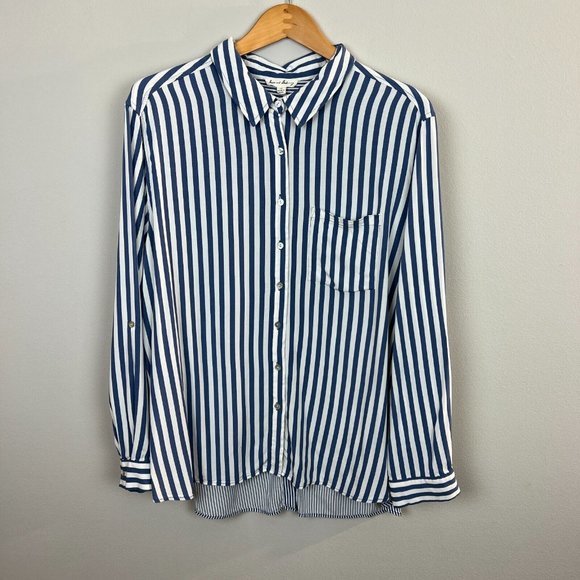 Jane and Delancey Tunic Top 2X Blue White Button Shirt Striped Roll Tab Sleeve - Picture 2 of 10